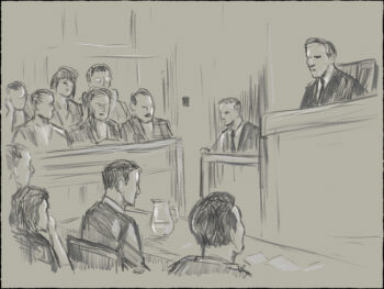 Pastel pencil pen and ink sketch illustration of a courtroom trial setting with judge, lawyer, defendant, plaintiff, witness and jury on a court case drama in judiciary court of law and justice.