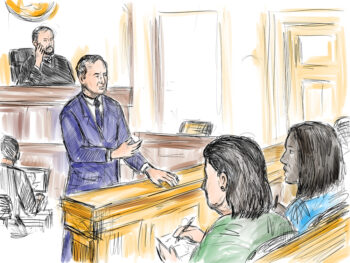Pastel pencil pen and ink sketch illustration of a courtroom trial setting lawyer of defendant, plaintiff, addressing jury with judge on a court case drama in judiciary court of law and justice.